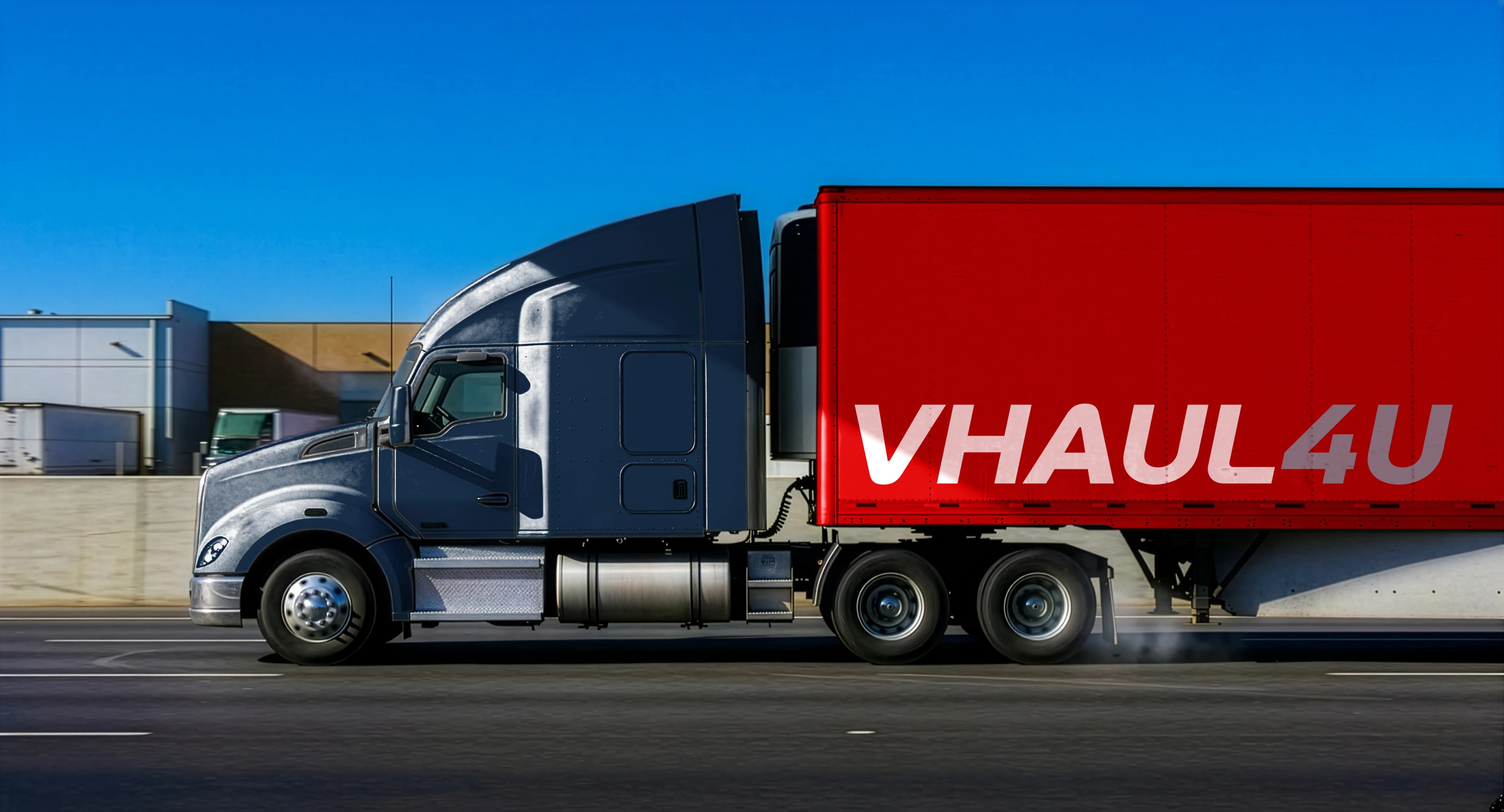 A red and white semi-truck on the road representing VHaul4U's nationwide trucking solutions